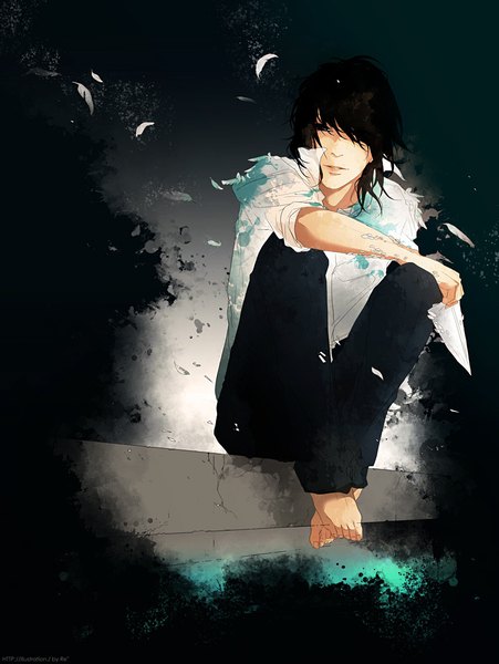 Anime picture 851x1132 with original re (artist) single long hair tall image fringe black hair sitting bent knee (knees) barefoot black eyes hair over one eye dark background boy shirt white shirt feather (feathers) toes jeans paper airplane