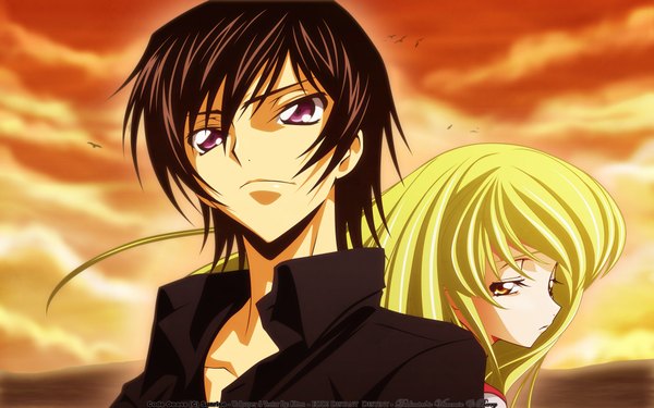 Anime picture 1920x1200 with code geass sunrise (studio) c.c. lelouch lamperouge fringe highres black hair hair between eyes wide image purple eyes yellow eyes sky outdoors looking back green hair back to back girl boy shirt