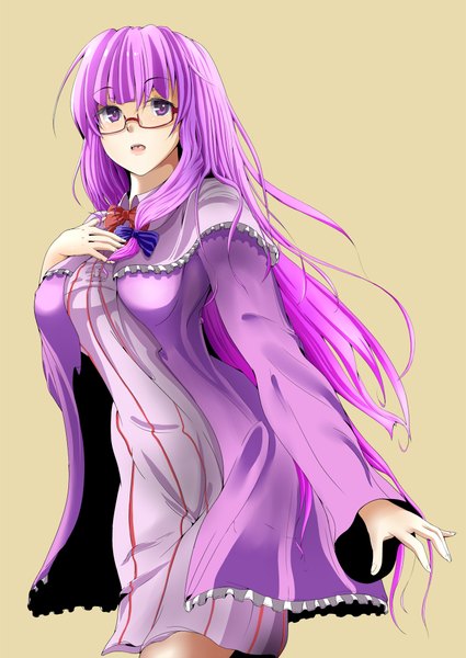 Anime picture 1500x2118 with touhou patchouli knowledge yoxtut single long hair tall image looking at viewer simple background purple eyes purple hair girl dress glasses