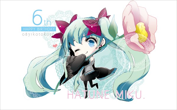 Anime picture 1200x746 with vocaloid hatsune miku koto2 single looking at viewer blush blue eyes simple background smile wide image white background twintails signed long sleeves very long hair one eye closed wink aqua hair chibi happy birthday