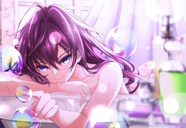 Anime picture 1443x994 with idolmaster idolmaster cinderella girls ichinose shiki giba (out-low) single long hair looking at viewer fringe light erotic smile hair between eyes purple eyes bare shoulders purple hair barefoot wet outstretched arm lacing girl window