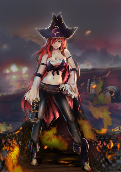 Anime picture 2480x3507 with league of legends miss fortune (league of legends) fps (artist) single tall image looking at viewer fringe highres breasts smile bare shoulders red hair very long hair aqua eyes hair over one eye midriff hand on hip pirate girl navel
