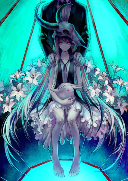 Anime picture 926x1309 with yamakawa single tall image looking at viewer fringe breasts standing very long hair barefoot bare legs legs glowing glowing eye (eyes) girl dress flower (flowers) ribbon (ribbons) animal skull bunny