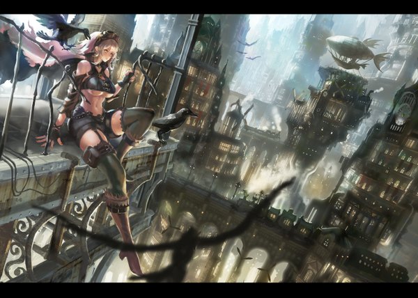 Anime picture 1322x945 with original denki single short hair breasts light erotic sitting yellow eyes looking away white hair nail polish wind bare belly midriff depth of field underboob city letterboxed cityscape scenic