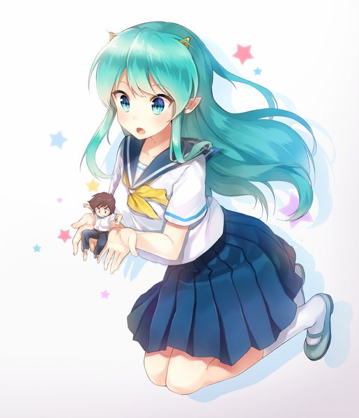 Anime picture 1000x1166 with urusei yatsura lum super nova (artist) long hair tall image blush open mouth horn (horns) aqua eyes from above aqua hair chibi miniboy girl socks serafuku star (symbol) white socks