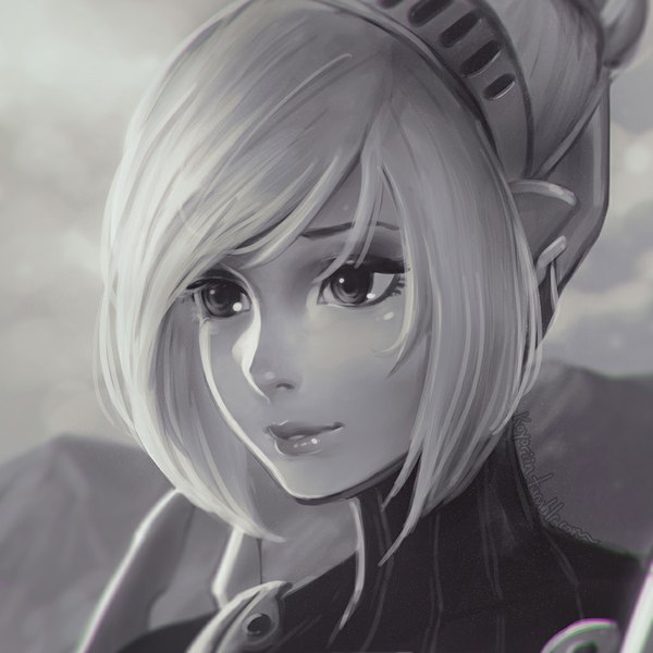 Anime picture 1024x1024 with persona 4 persona labrys koyoriin single long hair fringe signed looking away sky white hair lips monochrome mountain girl helmet