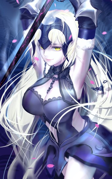 Anime picture 2031x3252 with fate (series) fate/grand order jeanne d'arc (fate) (all) jeanne d'arc alter (fate) jeanne d'arc alter (avenger) (third ascension) (fate) qidai single tall image fringe highres breasts light erotic blonde hair smile hair between eyes large breasts yellow eyes cleavage very long hair arms up