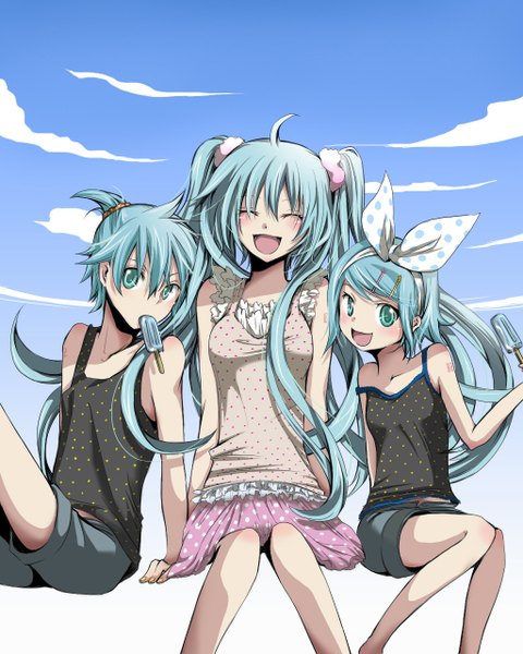 Anime picture 1024x1280 with vocaloid hatsune miku kagamine rin kagamine len inukai (g a) long hair tall image blush short hair open mouth twintails multiple girls cloud (clouds) ahoge eyes closed aqua eyes aqua hair girl boy 2 girls