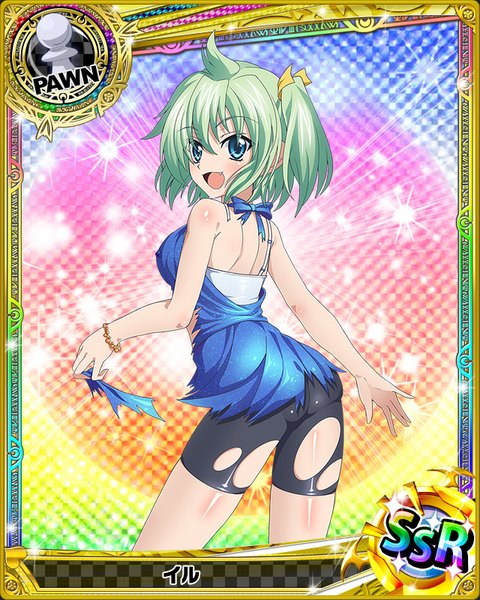 Anime picture 640x800 with highschool dxd tagme (character) single tall image blush short hair open mouth blue eyes light erotic smile :d looking back green hair torn clothes card (medium) girl dress bow hair bow bike shorts