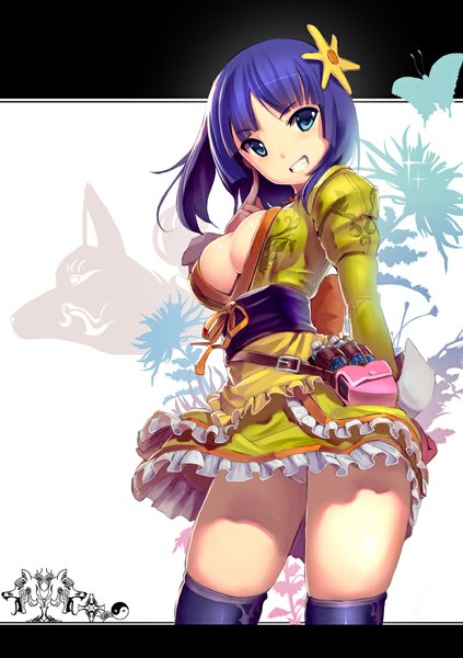 Anime picture 775x1100 with original pixiv fantasia pixiv fantasia new world sai (abyss05) single tall image fringe short hair breasts blue eyes light erotic smile large breasts cleavage purple hair pantyshot grin skindentation arm behind back frilly skirt