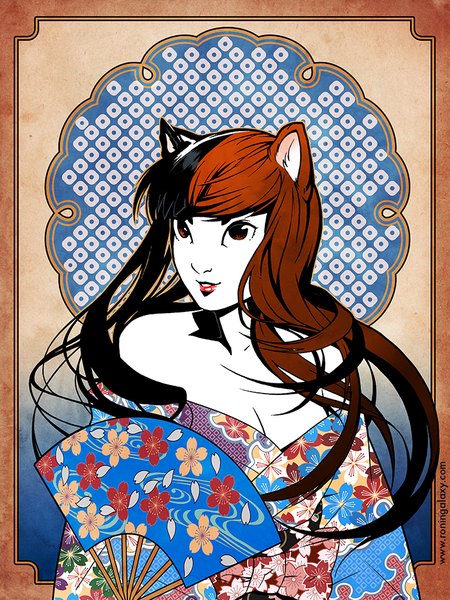 Anime picture 700x933 with original nakanoart single long hair tall image fringe light erotic brown hair bare shoulders brown eyes animal ears looking away cleavage traditional clothes japanese clothes cat ears lipstick floral print framed red lipstick