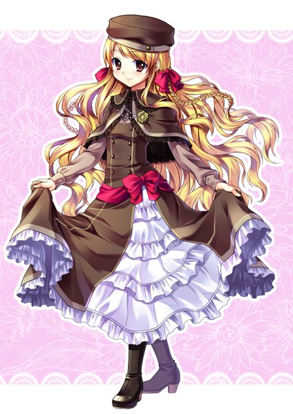 Anime picture 2480x3508 with original bucchake (asami) single long hair tall image looking at viewer highres blonde hair red eyes wavy hair girl dress bow hair bow hat boots