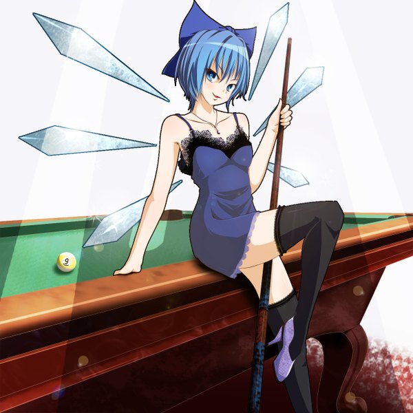 Anime picture 1280x1280 with touhou cirno single short hair blue eyes bare shoulders blue hair fairy billiards girl thighhighs dress bow black thighhighs hair bow cue stick pool table cue ball