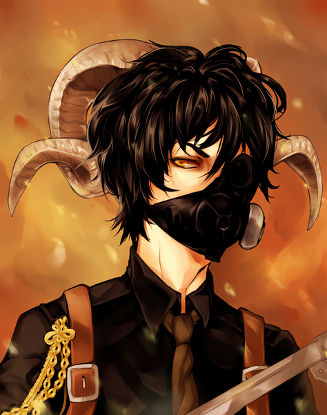 Anime picture 792x1001 with antique-teacup single tall image short hair black hair simple background horn (horns) orange eyes boy uniform weapon necktie respirator