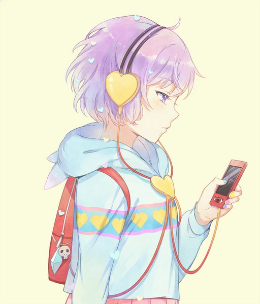 Anime picture 946x1107 with touhou komeiji satori ekita xuan single tall image short hair simple background purple eyes purple hair ahoge upper body nail polish profile yellow background casual animal hood adapted costume heart print multicolored nail polish girl