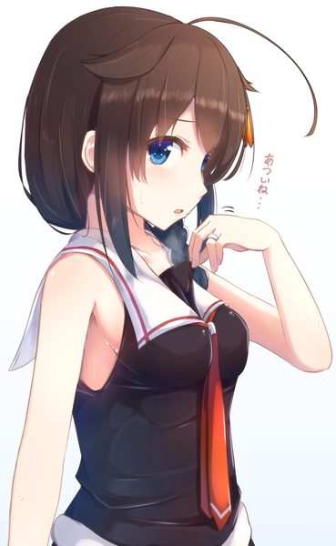 Anime picture 616x1000 with kantai collection shigure destroyer cuon (kuon) single long hair tall image fringe open mouth blue eyes simple background brown hair payot upper body ahoge braid (braids) profile sweat text single braid exhalation
