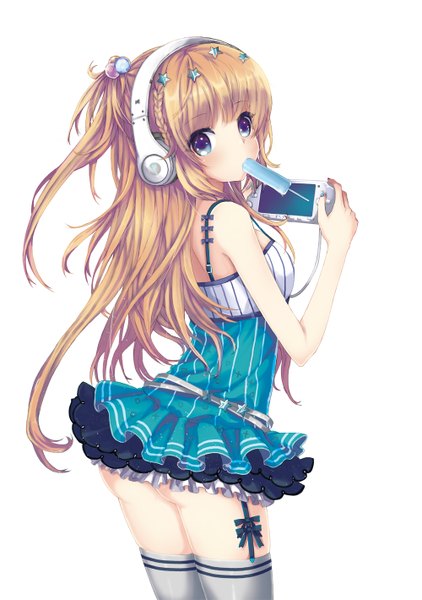 Anime picture 1000x1420 with original juke single long hair tall image blush blue eyes light erotic simple background blonde hair white background ass looking back half updo girl hair ornament food sweets headphones ice cream