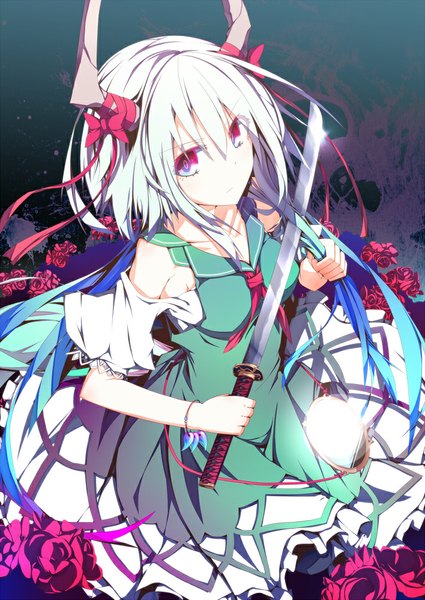 Anime picture 708x1000 with touhou kamishirasawa keine ex-keine ichiyan (artist) single long hair tall image looking at viewer red eyes blue hair white hair multicolored hair horn (horns) from above two-tone hair girl dress flower (flowers) ribbon (ribbons) weapon