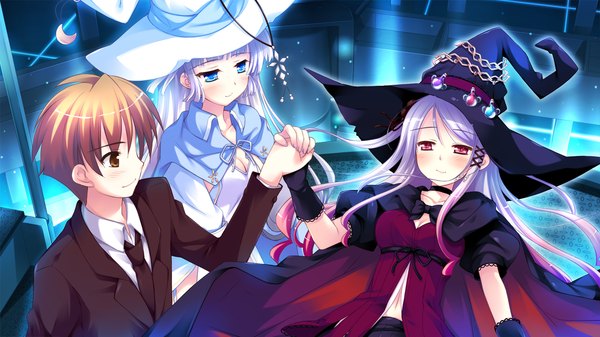 Anime picture 1280x720 with witch's garden hinomiya ayari yukimura suzuno arima yousuke ko~cha long hair blush blue eyes blonde hair red eyes wide image multiple girls brown eyes game cg white hair girl dress boy 2 girls witch hat