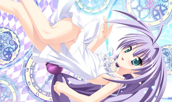 Anime picture 1024x614 with twinkle crusaders twinkle crusaders -passion star stream- asna long hair open mouth light erotic wide image green eyes game cg purple hair pointy ears girl sundress