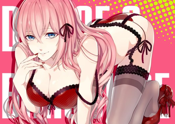 Anime picture 3541x2507 with vocaloid megurine luka gari (apollonica) single long hair looking at viewer highres breasts blue eyes light erotic pink hair absurdres underwear only girl thighhighs underwear panties black thighhighs lingerie bra