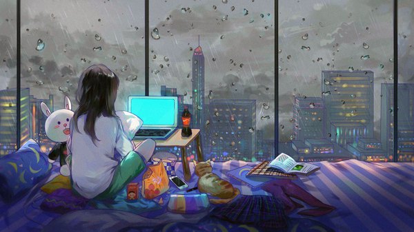 Anime picture 3000x1687 with original jamjar77 long hair highres black hair wide image sitting cloud (clouds) from behind city rain striped cityscape city lights pillow hug girl animal shorts window pillow