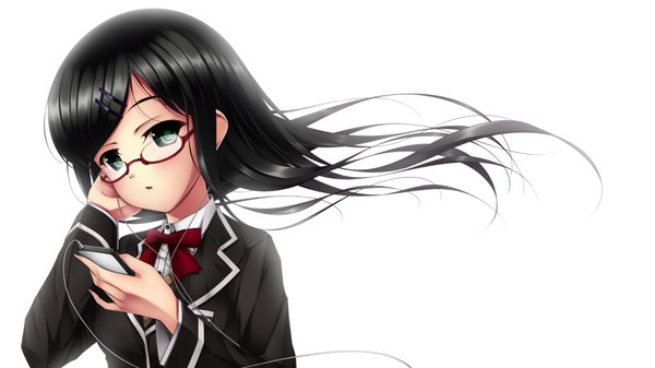 Anime picture 2048x1152 with original jk-ff single long hair looking at viewer blush highres blue eyes black hair simple background wide image white background girl uniform school uniform glasses headphones iphone