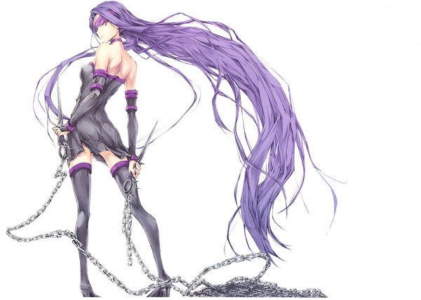 Anime picture 2450x1744 with fate (series) fate/stay night type-moon rider kizuki aruchu single looking at viewer highres simple background white background bare shoulders purple hair very long hair looking back from behind scan sleeveless girl dress weapon
