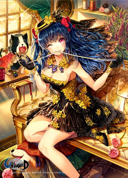 Anime picture 700x970 with unleashed ells (ellsat) long hair tall image looking at viewer sitting blue hair cleavage one eye closed pink eyes wink girl dress gloves flower (flowers) hat animal black gloves couch mini hat