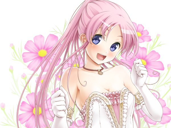 Anime picture 1600x1200 with original endou hiroto single long hair blush open mouth purple eyes pink hair girl gloves flower (flowers) elbow gloves