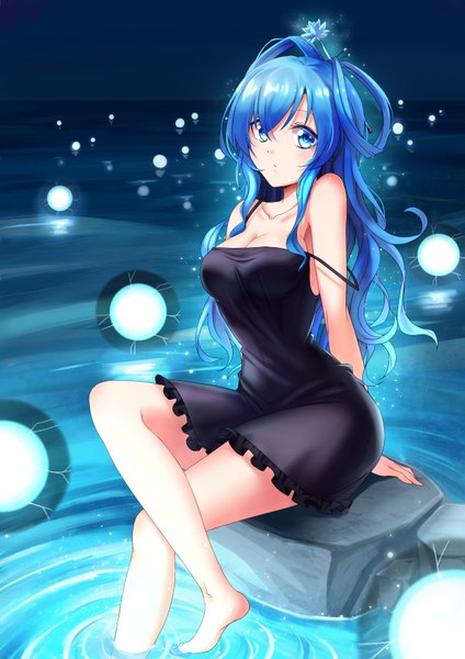 Anime picture 2480x3507 with touhou kaku seiga koissa single long hair tall image looking at viewer fringe highres breasts blue eyes hair between eyes sitting bare shoulders blue hair bent knee (knees) barefoot hair flower night arm support