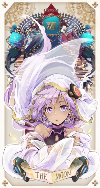 Anime picture 756x1415 with vocaloid yuzuki yukari toromera single long hair tall image looking at viewer fringe purple eyes twintails bare shoulders purple hair wind hug low twintails dark skin close-up transparent girl hair ornament