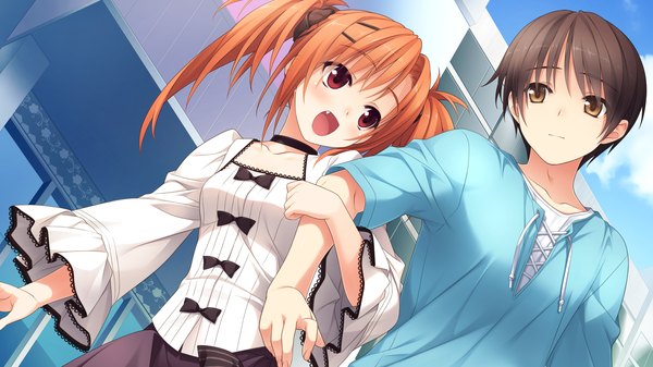 Anime picture 1920x1080 with imouto no katachi sumeragi ayaka long hair blush highres short hair open mouth black hair red eyes wide image brown eyes game cg orange hair couple girl dress boy