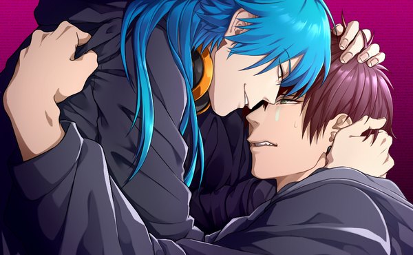 Anime picture 1024x632 with dramatical murder nitro+chiral aoba (dmmd) mizuki (dramatical murder) kuwa ayase long hair fringe short hair simple background smile brown hair wide image green eyes blue hair parted lips profile fingernails multiple boys pink background face to face