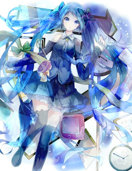Anime picture 2480x3188 with vocaloid hatsune miku single long hair tall image looking at viewer highres blue eyes twintails bare shoulders blue hair long sleeves pleated skirt girl skirt uniform bow hair bow detached sleeves necktie