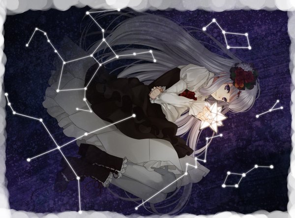 Anime picture 1350x1000 with eto ichika single long hair purple eyes white hair constellation girl dress star (stars)