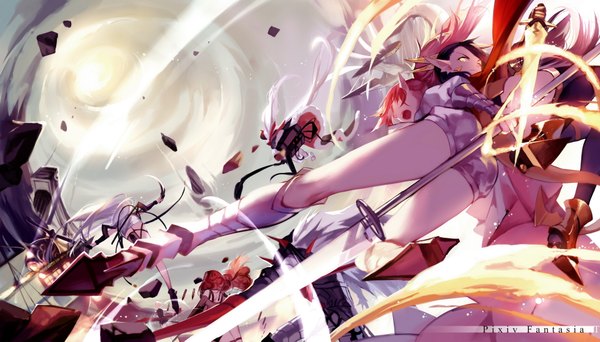 Anime picture 1920x1095 with original pixiv fantasia pixiv fantasia t joseph lee long hair highres open mouth black hair wide image multiple girls yellow eyes white hair red hair pointy ears battle girl weapon shorts boots 5 girls