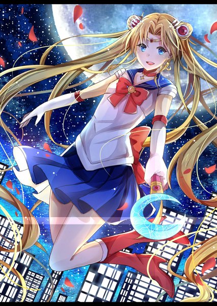 Anime picture 1240x1748 with bishoujo senshi sailor moon toei animation tsukino usagi sailor moon tagme (artist) single long hair tall image looking at viewer blush open mouth blue eyes blonde hair smile twintails night night sky crossed legs letterboxed girl