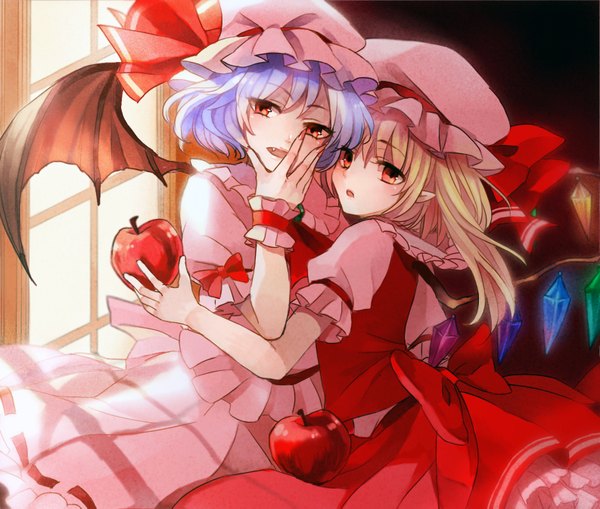 Anime picture 1585x1347 with touhou flandre scarlet remilia scarlet q-chiang looking at viewer blush short hair open mouth blonde hair red eyes multiple girls purple hair pointy ears siblings sisters girl dress 2 girls wings window