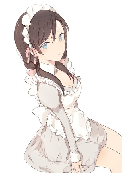 Anime picture 700x988 with original lpip single long hair tall image looking at viewer blush blue eyes simple background white background twintails cleavage long sleeves puffy sleeves low twintails girl ribbon (ribbons) hair ribbon frills headdress