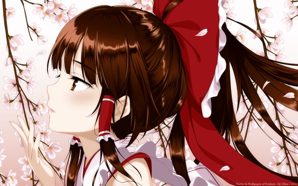Anime picture 2560x1600 with touhou hakurei reimu ke-ta single long hair blush highres brown hair wide image brown eyes profile cherry blossoms vector girl flower (flowers) bow ribbon (ribbons) hair bow hair ribbon petals