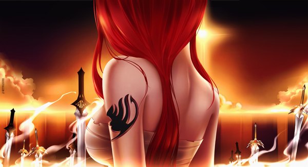 Anime picture 1900x1033 with fairy tail erza scarlet kristallin-f (artist) single long hair highres wide image bare shoulders sky cloud (clouds) red hair tattoo back light girl weapon sword bandage (bandages)
