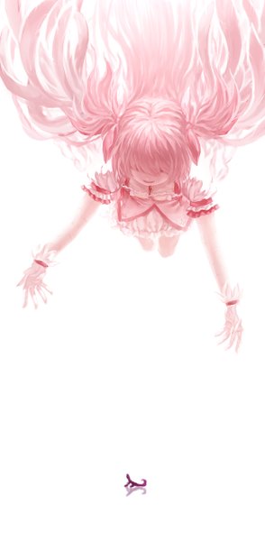 Anime picture 1240x2525 with mahou shoujo madoka magica shaft (studio) kaname madoka lain (rinlain) single long hair tall image simple background white background twintails pink hair pink eyes looking down magical girl weightlessness girl dress gloves frills white gloves