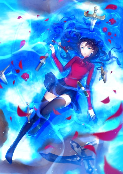 Anime picture 1000x1412 with fate (series) fate/stay night type-moon toosaka rin arkray single long hair tall image looking at viewer fringe blue eyes black hair twintails bent knee (knees) lying pleated skirt from above on back zettai ryouiki spread arms