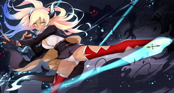 Anime picture 1637x874 with original pixiv fantasia pixiv fantasia t realmbw single long hair light erotic blonde hair wide image green eyes cleavage tail horn (horns) pointy ears pantyshot fighting stance kick girl skirt gloves