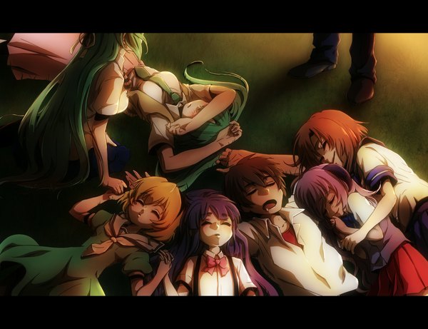 Anime picture 2339x1800 with higurashi no naku koro ni studio deen ryuuguu rena furude rika sonozaki mion houjou satoko sonozaki shion hanyuu maebara keiichi long hair highres short hair open mouth blonde hair multiple girls purple hair ponytail lying eyes closed green hair