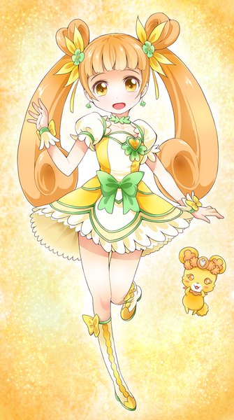 Anime picture 650x1163 with precure dokidoki! precure toei animation yotsuba alice cure rosetta rance (dokidoki! precure) ratryu single long hair tall image looking at viewer blush fringe open mouth blonde hair twintails yellow eyes yellow background girl earrings