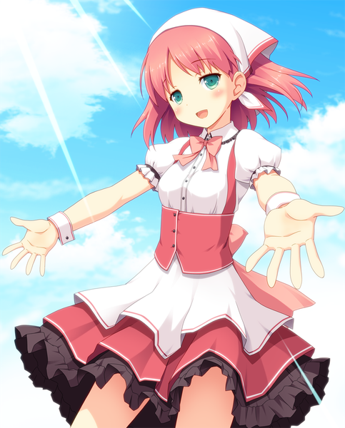 Anime picture 991x1229 with original yamasan single tall image looking at viewer blush short hair open mouth smile pink hair sky cloud (clouds) aqua eyes maid spread arms girl uniform bow wrist cuffs headscarf