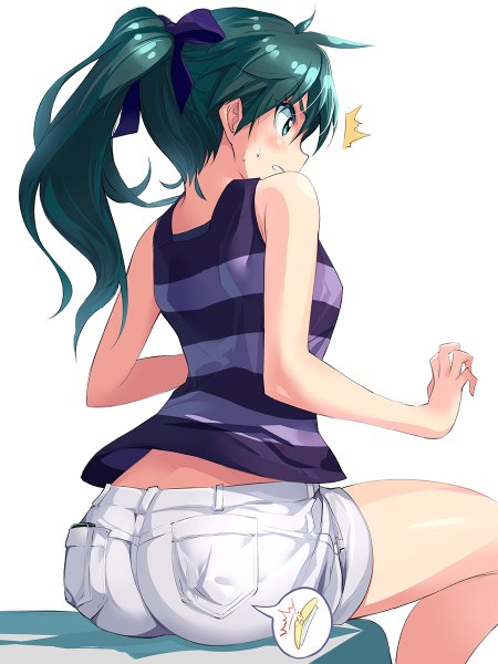 Anime picture 900x1200 with vividred operation saegusa wakaba michairu single long hair tall image blush highres light erotic simple background white background sitting bare shoulders green eyes ass ponytail green hair from behind girl ribbon (ribbons)