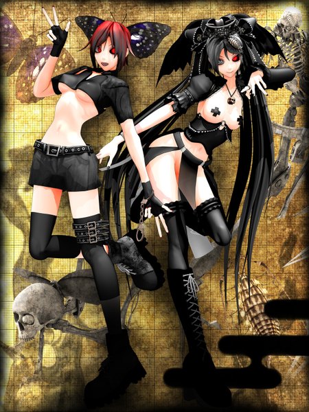 Anime picture 1125x1500 with vocaloid bacterial contamination (vocaloid) long hair tall image looking at viewer short hair open mouth light erotic black hair red eyes red hair very long hair nail polish grey eyes heterochromia thighhighs gloves black thighhighs miniskirt boots